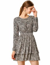 Women's Leopard Long Sleeve Layered Ruffle Hem Dress