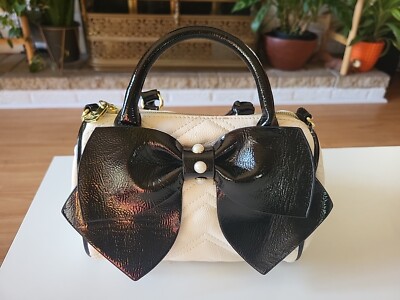 Betsey Johnson Handbag Quilted Cream With Big Black Bow Pearls