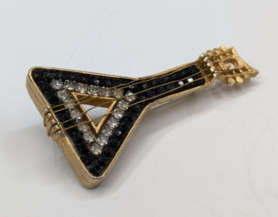 VTG LMD Balalaika Mandle Guitar Black & Clear Rhinestone Gold Tone Brooch Pin