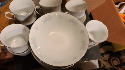 GUO GUANG CHINA GARDEN PRESTIGE SOUP BOWL  & CUPS Floral Blue Flower Silver 