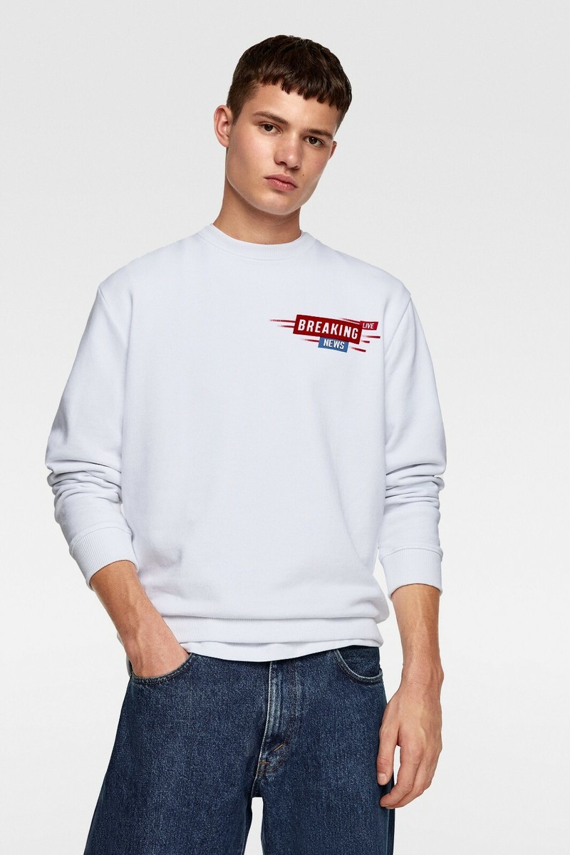 New Zara Textured Text Sweatshirt Sweater S White 0962/312