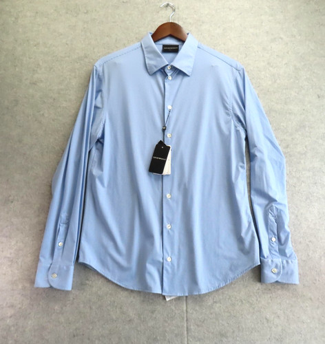 Emporio Armani Shirt Mens Large Blue Geometric Travel Dress Stretch Long Sleeve
