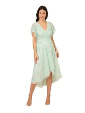 ADRIANNA PAPELL Womens Green Lined Hi-lo Hem Flutter Sleeve Faux Wrap Dress 2