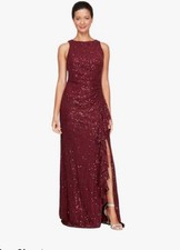 Alex Evenings Sleeveless Cascade Ruffle Front Slit Sequin Wine Color Dress Sz 4