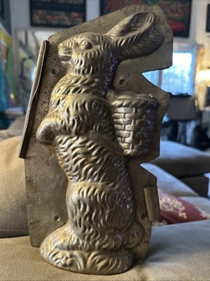 Antique Bunny Rabbit Candy Chocolate Mold - Sitting Up w/ Basket And Clamps Rare