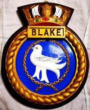 HMS Blake - Ship Crest Plaque Badge– Hand-Painted, Solid Mahogany Mount, 1.013kg
