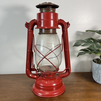Vintage Jupiter Kerosene Lantern Red Metal Oil Lamp Rustic Decor Camping Light