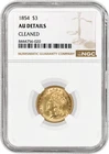 1854 $3 Indian Princess Head Three Dollar Gold NGC AU Details Cleaned Coin