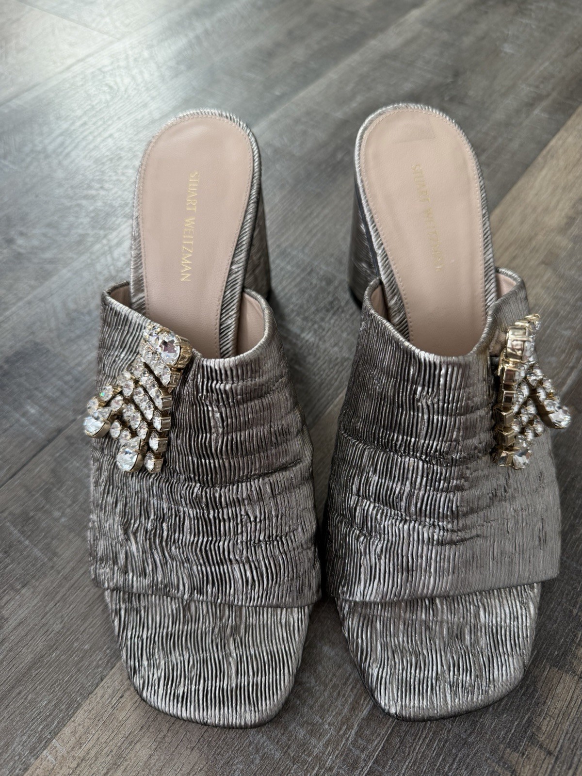 Stuart Weitzman Theone Silver Metallic Jeweled Slides, Size 8 Good Condition