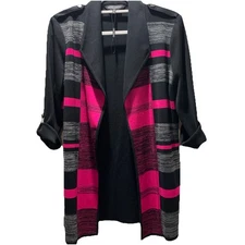 Ming Wang Knit Jacket Open Front Cardigan Black Pink Collared Long Size Medium