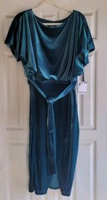 Kensie Velvet Midi Dress Tie Waist Side Slit, Women's Size L, Teal Blue Green