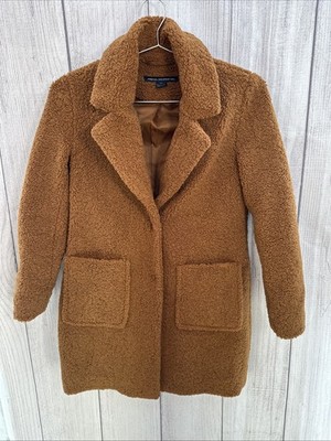French Connection Coat Womens SMALL Cognac Brown Sherpa Teddy Bear Curly Fur