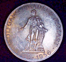 AUSTRIA 1956 25 SCHILLING 200 YEARS MOZART BIRTH SILVER COIN.  ASW 0.3344 oz