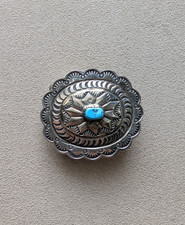 Vintage Navajo Sterling Silver Turquoise Concho Belt Buckle 15.5g Hand Stamped