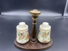 Vintage Made in Italy Floral Milk Glass Salt & Pepper Shakers with Wood Stand