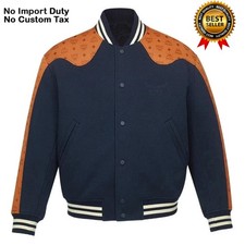 Men’s MCM Cognac Monogram Navy Wool Leather Varsity Bomber Jacket Free Shipping