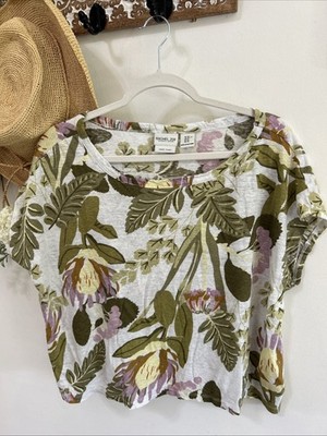 Rachel Zoe Linen Knit Top Womens White Floral Protea Short Sleeve Boxy Tee XL