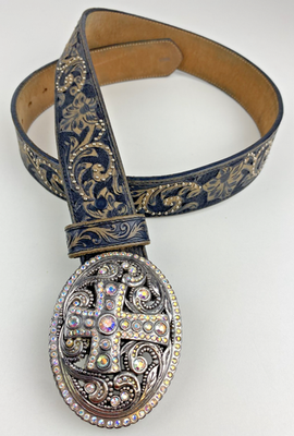Vintage Justin Leegin C20843 Rhinestone Bling Dangling Cross Western Belt Sz 34 Justin Leather Belt Buckle Cross Brown 34 Rhinestones Tooled  main image 3