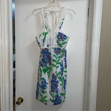 Lilly Pulitzer Floral Halter Dress White Blue Green Lace Trim Seersucker Size 2