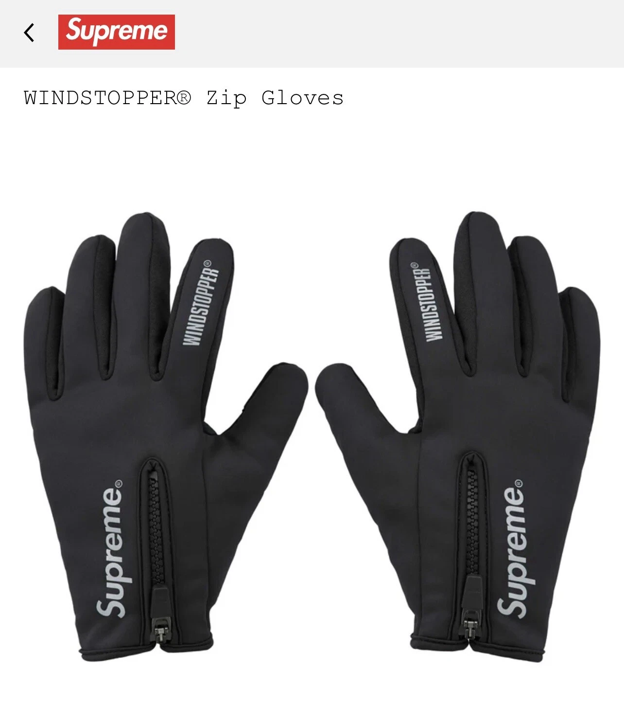 Gants zippés Supreme WINDSTOPPER noir taille M