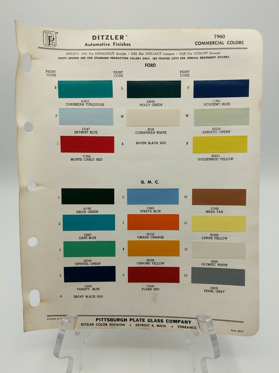 1960 cCommercial Colors Ditzler PPG Color Chip Paint Sample Page