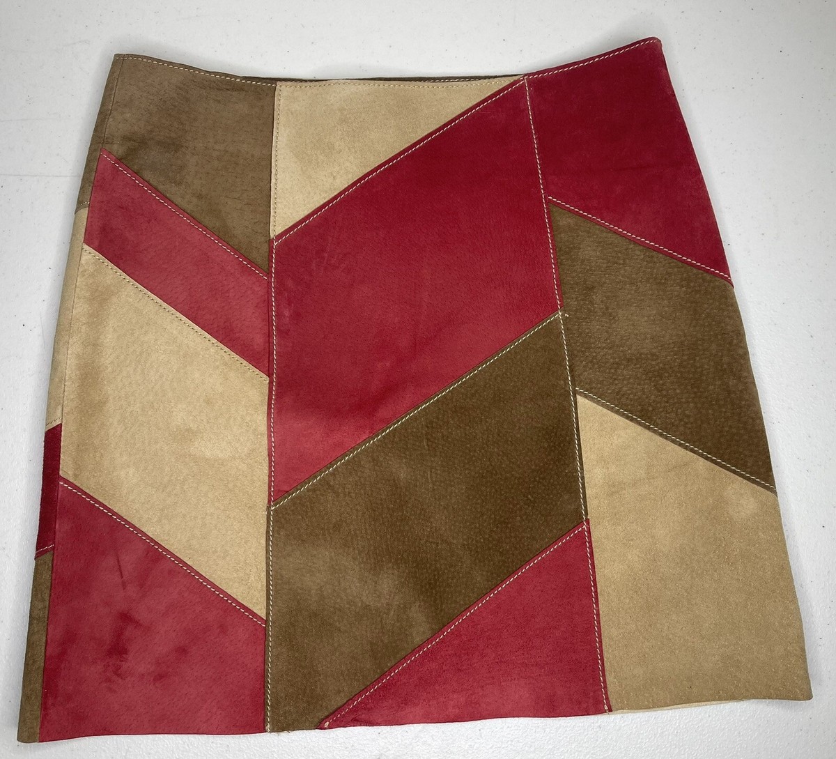 Kenneth Cole Suede Leather Patchwork Color Block Skirt Sz Mini A-line  Boho 70s