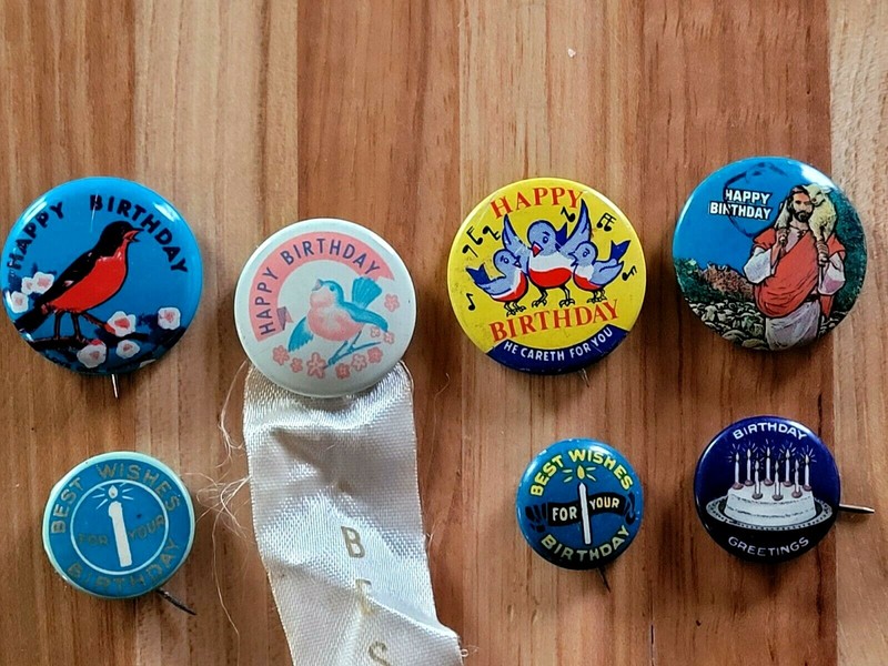 ANTIQUE HAPPY BIRTHDAY/BEST WISHES Religious Christian Buttons Vintage Lot Of 7 