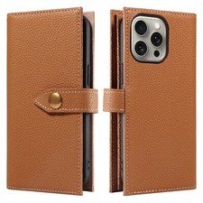 Togo Genuine Cowhide Leather Flip Wallet Case Cover f iPhone 13 14 15 16 Pro Max