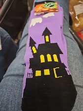 Kids Halloween Socks Glow In The Dark one Size. Purple Ghost Haunted House
