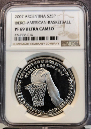 2007 ARGENTINA SILVER 25 PESOS S25P BASKETBALL NGC PF 69 ULTRA CAMEO TOP POP 1