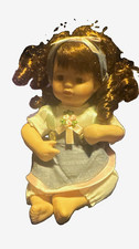 Baby Girl Doll Curly Brown Hair Brown Eyes Blue Outfit Headband Bow