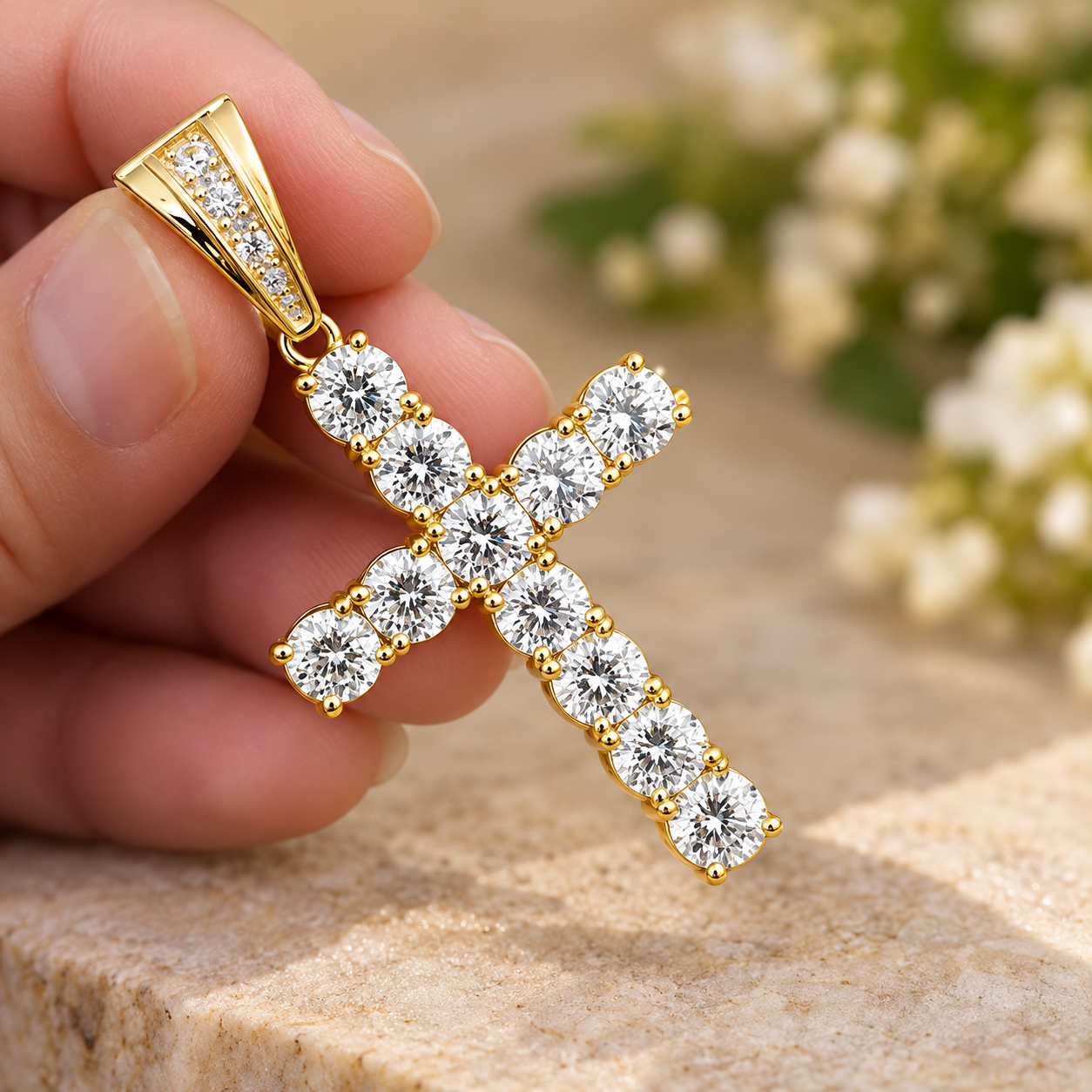 14k Yellow Gold Plated Round Cut PASS TESTER Moissanite Cross 1.00 Ct ...