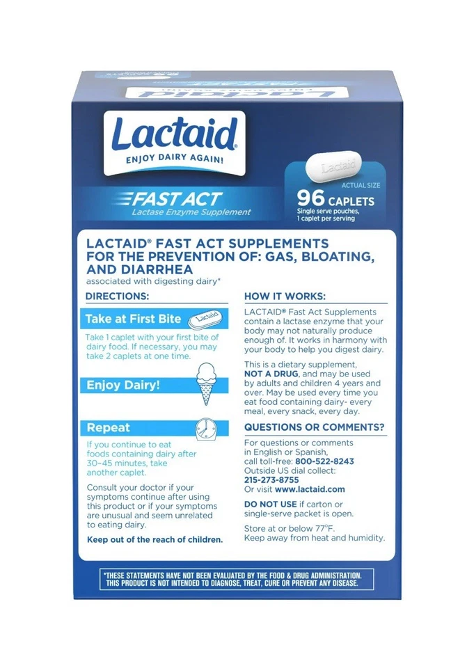 Lactaid Fast Act 96 Count Caplets Travel Packs Lactose Intolerance Relief 2 Pack - Image 3 of 4