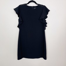 Laundry by Shelli Segal 8 Black Lace Shoulder Dress Crepe Shift Ruffle Sleeves