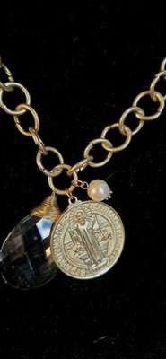 Pendant Saint Benedict Medal Catholic Talisman Crystal  Faux Pearl Necklace 18''