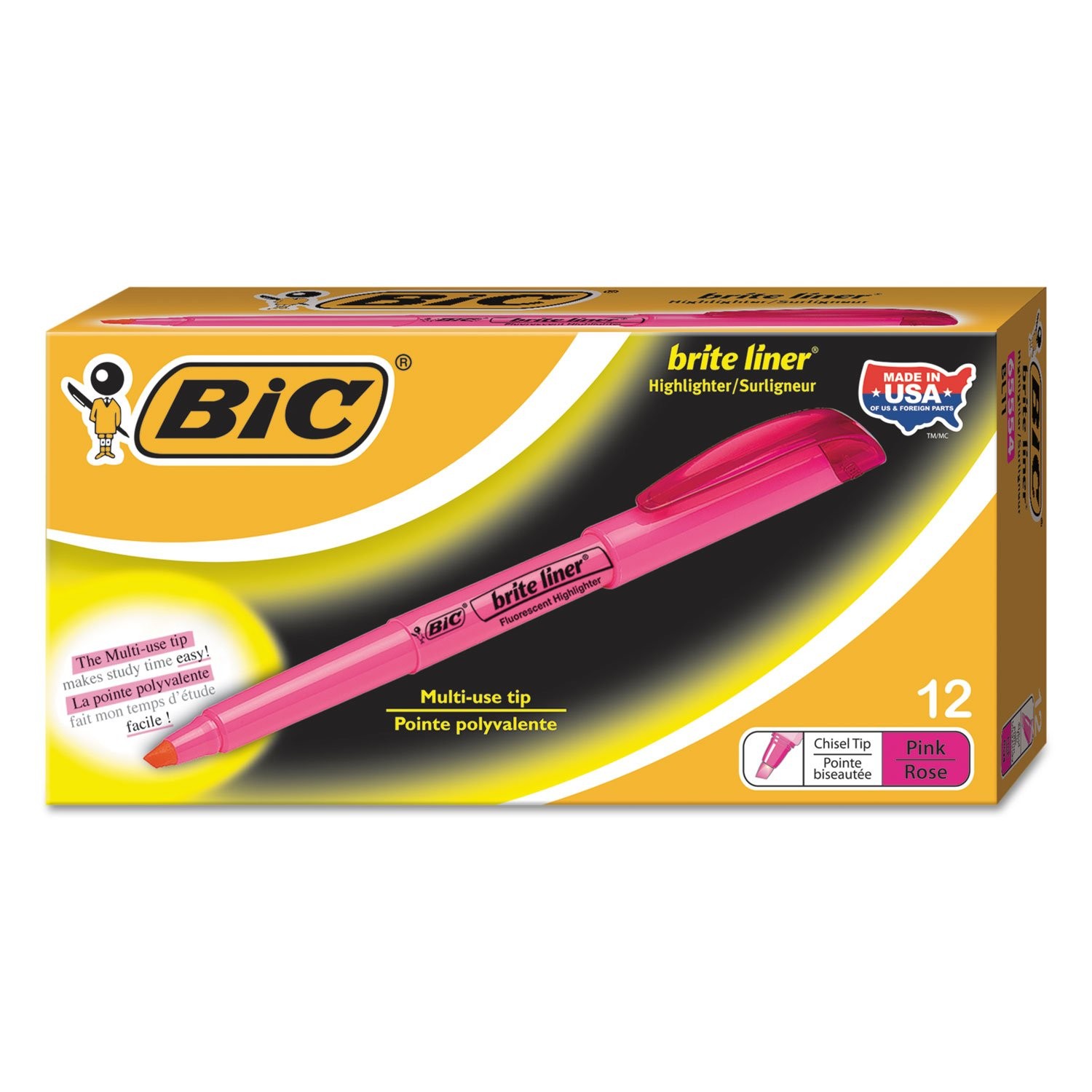 BIC Brite Liner Grip Fluorescent Highlighter, Chisel Tip, Pi