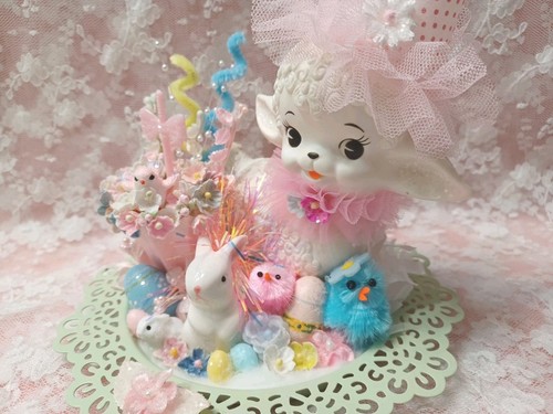 ๐๐ Carino! Vintage Dolce Primavera Pasqua Agnello Coniglietti Pulcini Pastello Assemblaggio - Foto 5 di 15