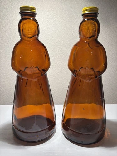 Vintage Mrs. Butterworth’s Amber Glass Syrup Bottles Set of 2 – 10″ Tall