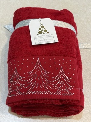 Grammercy Studio Rhinestone Trees Holiday Red Hand Towels Set of 2 NWT