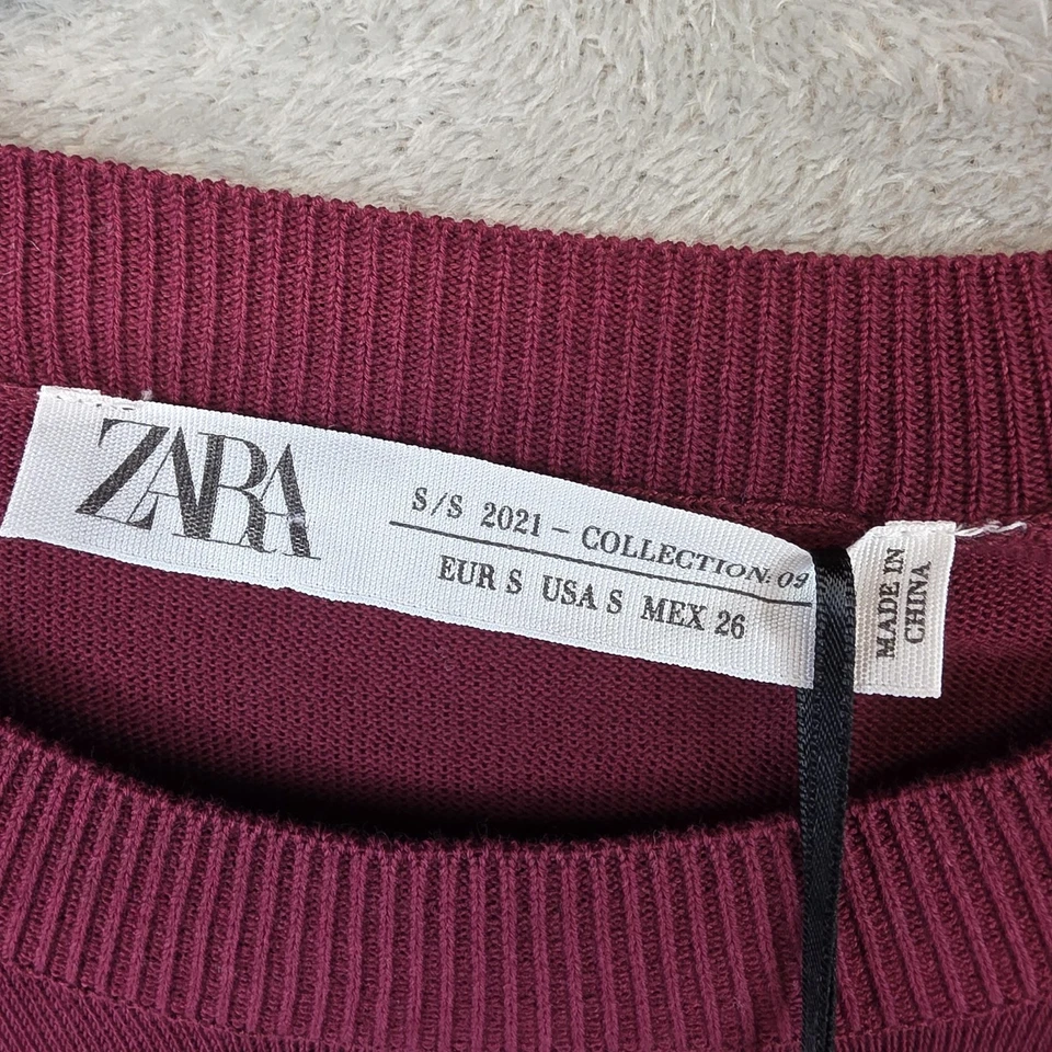 Vestido Zara Mujer Pequeño Borgoña Manga Larga Acanalado Cintura Recortes Maxi Algodón Foto 4 de 4