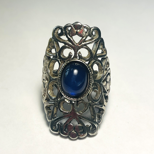 Costume Statement Ring Vintage Silver Tone Scroll Openwork Blue Cabochon Size 7 - Picture 2 of 11