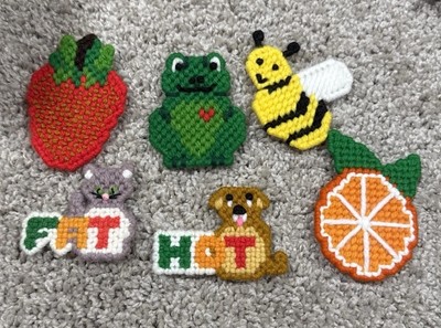 Vintage Crochet And Needle Point Handmade Refrigerator Magnet Lot Of 6 Frog Bee