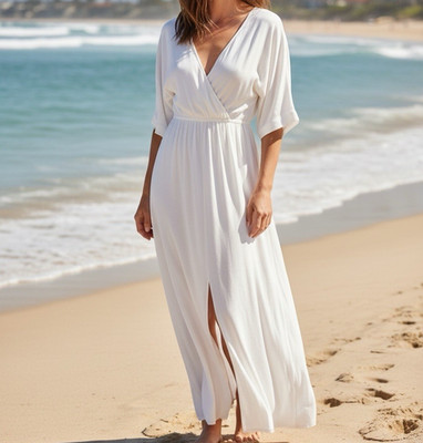 Girl & the Sun Bayview Dress Womens L White Deep V-Neck Empire Waist Flowy Beach