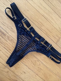 Bordelle Black Adjustable thong S Gold hardware G String panty NEW Striped