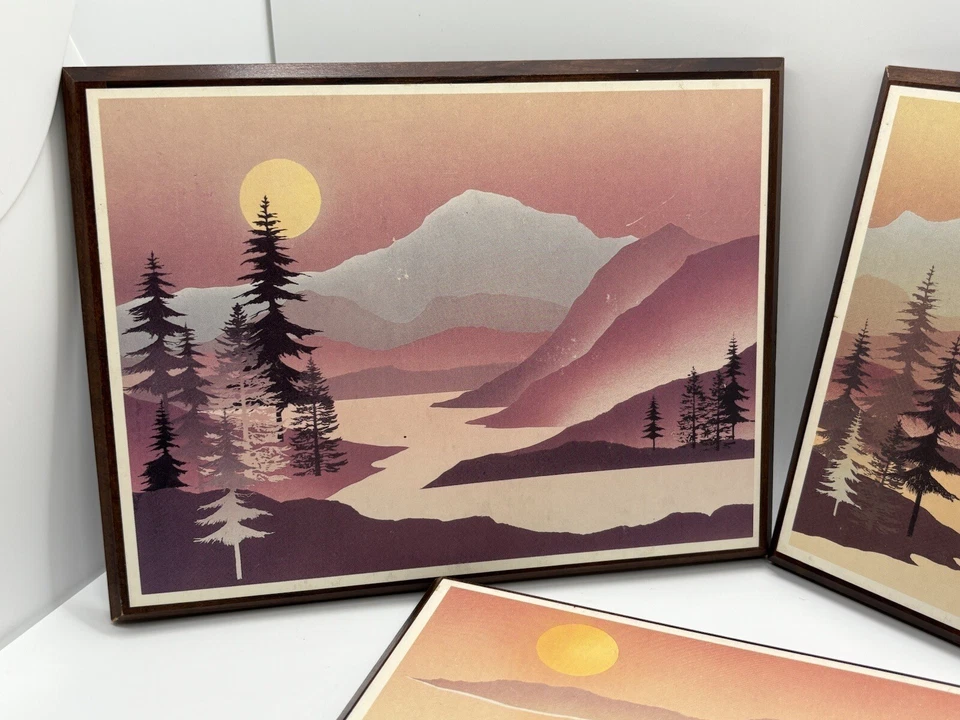 Vintage Minimalist Triptych Coastal Ocean mountains trees - Image 2 of 4