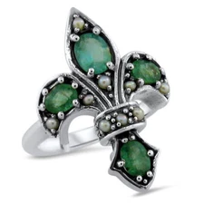 GENUINE EMERALD PEARL FLEUR-DE-LIS VICTORIAN STYLE 925 STERLING SILVER RING 591X