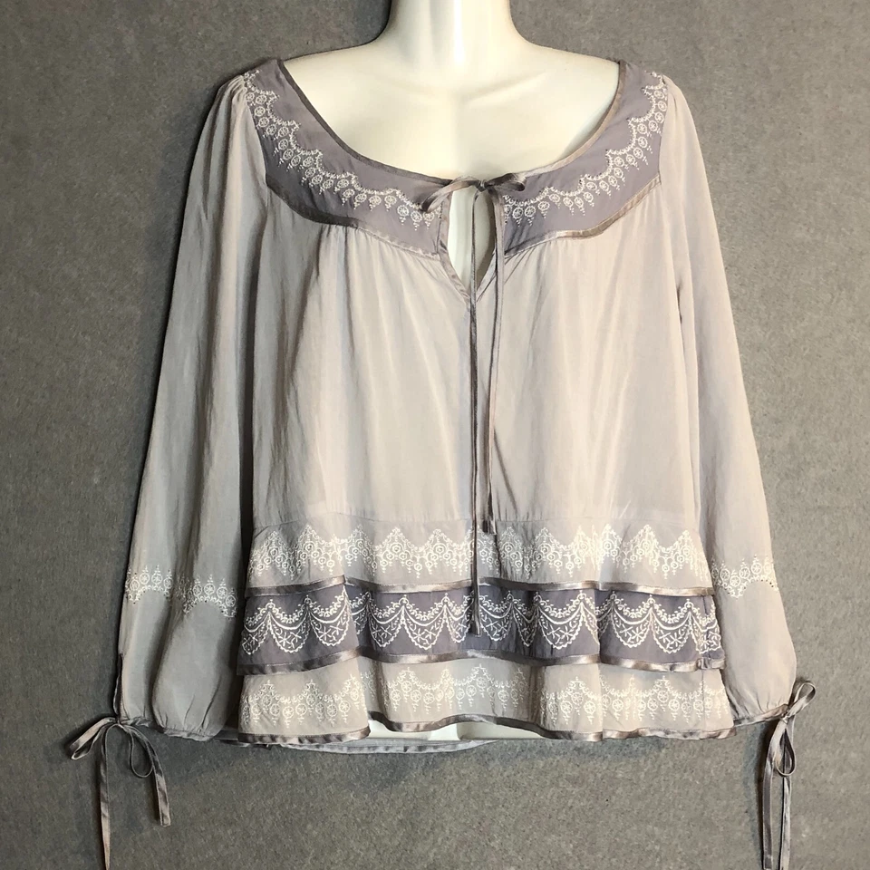 Blusa Pullover Lithe Peasant Top Talla 2 Gris Jaspeado Algodón Seda Bordada Foto 4 de 4