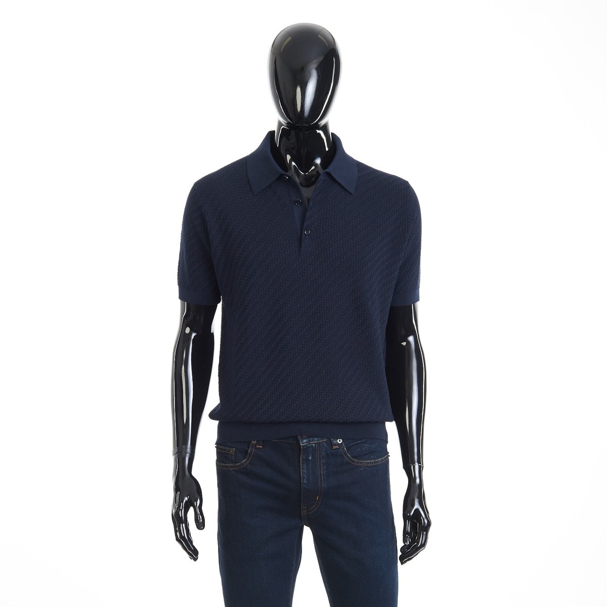 BRIONI 1295$ Navy Blue Polo Shirt - Trama Weave Cotton Silk 