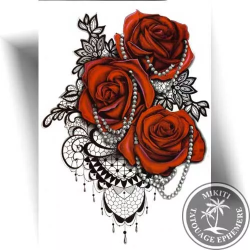 💫 TATOUAGE TEMPORAIRE DENTELLE ROSE ROUGE -Tattoo éphémère sexy - Femme 💫 - Imagen 1 de 3