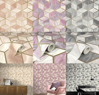 Rasch Marmor Würfel Tapete Raute Geometrisch Metallic Sechseck Silber Rosa Flieder